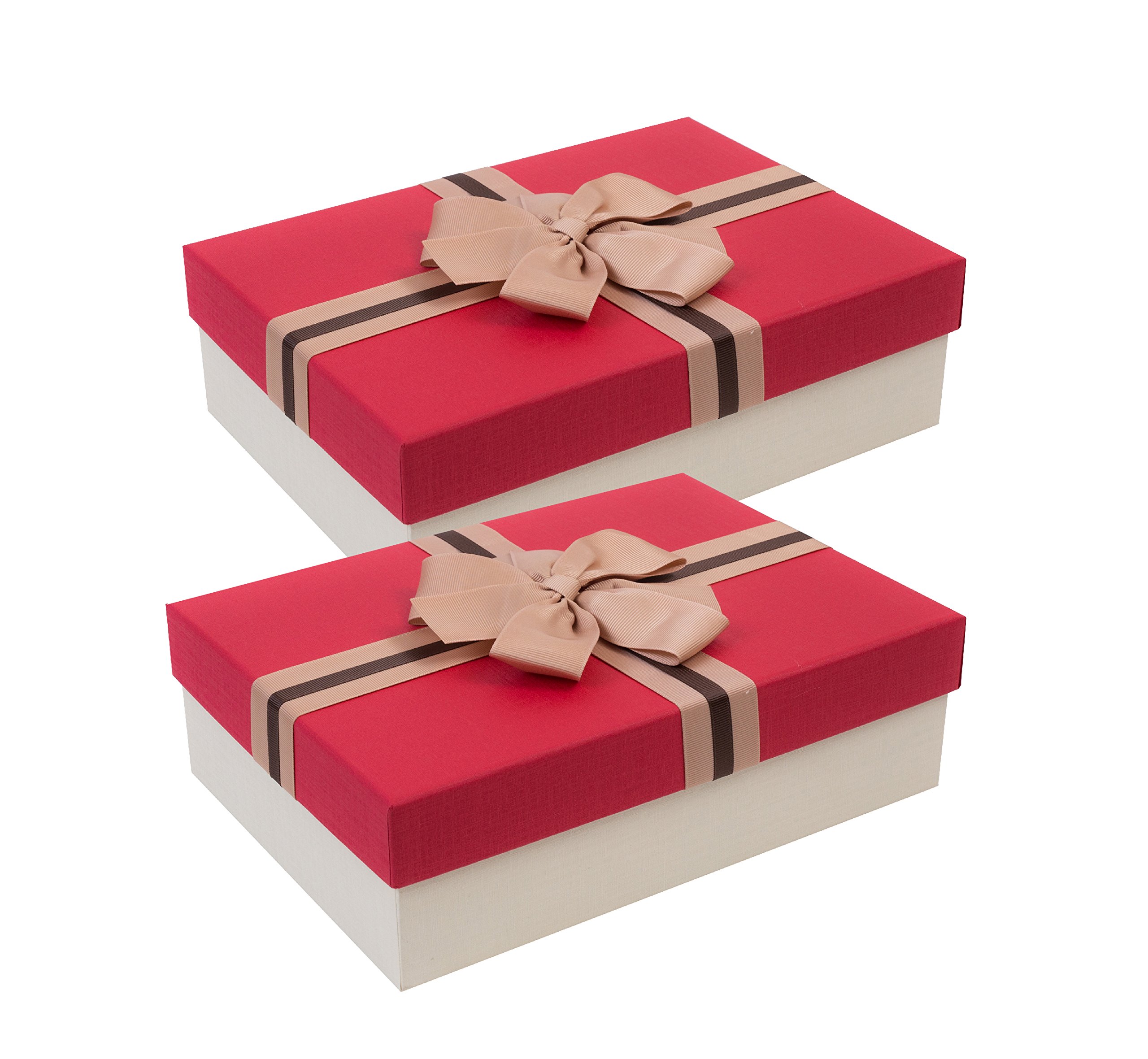 Emartbuy Set of 2 - Cream/Red Rigid Gift Box with Ribbon – 24.5 x 17 x 6.5 cm – Luxury Cardboard Presentation Box | Premium Packaging for Hampers, Birthdays, Weddings, Corporate Gifting