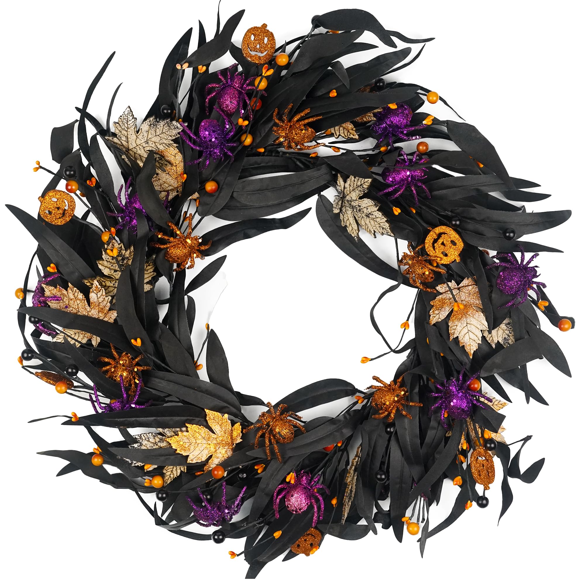 Photo 1 of 20 Inch Halloween Wreath with Olive, Maple Leaf, Pumpkin & Spider - Indoor/Outdoor Decoration for Fall & Autumn