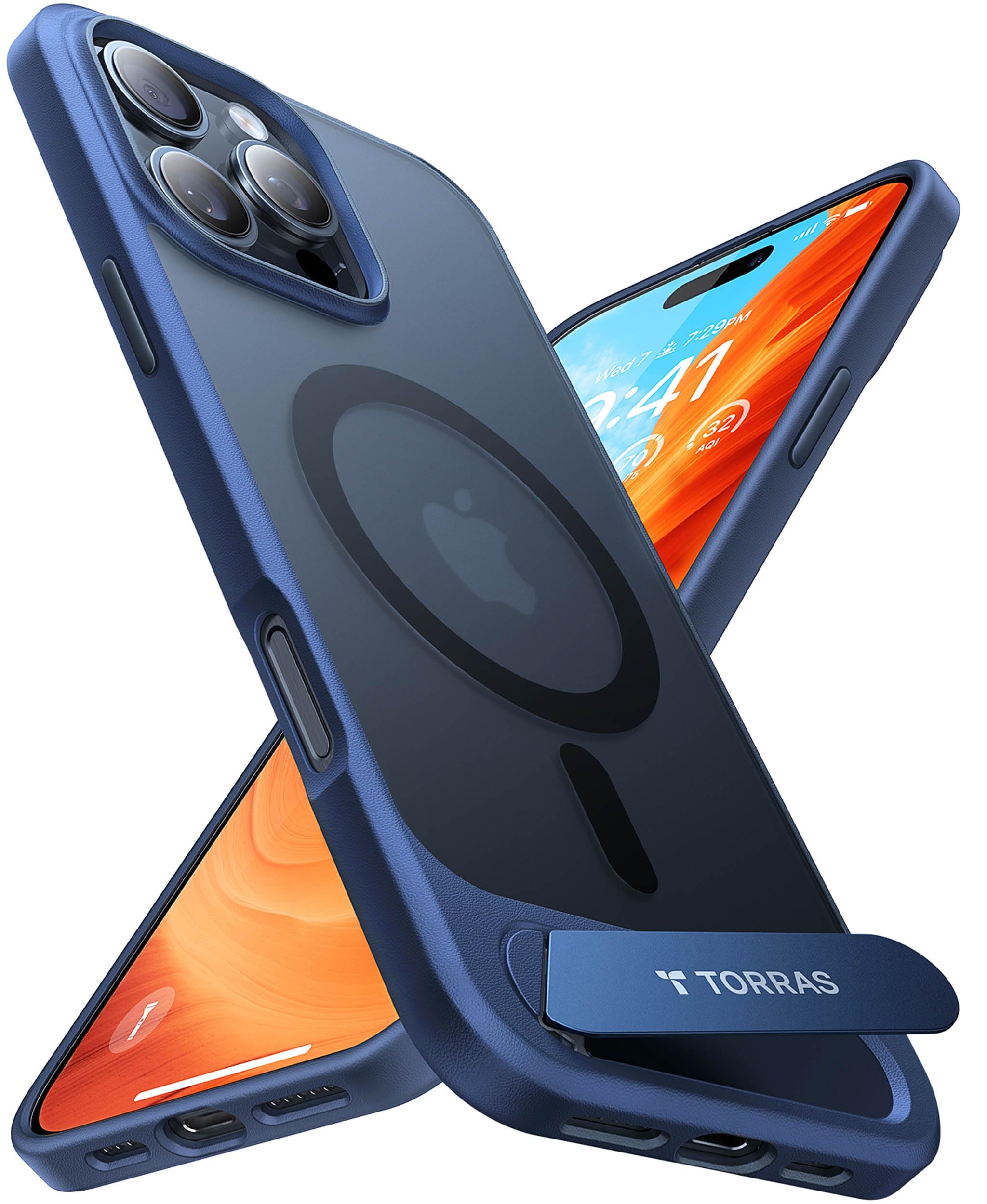 TORRAS for iPhone 16 Pro Case [Durable Titanium Stand] [25W Wireless Charging] [TOP 19N Magnetic] [12FT Drop Protection] for iPhone 16 Pro Cover - Navy Blue