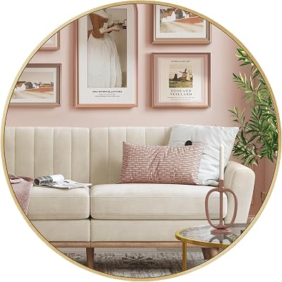 SONGMICS Round Mirror 61 cm Gold Metal Frame Wall Mounted LWM102A01