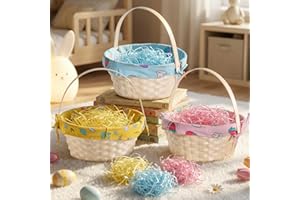 Lanpn Natural Bamboo Easter Basket 3 Pcs Set in Yellow Pink Blue with Bunny-Pattern Fabric Ties and Raffia Grass Fillers – Id