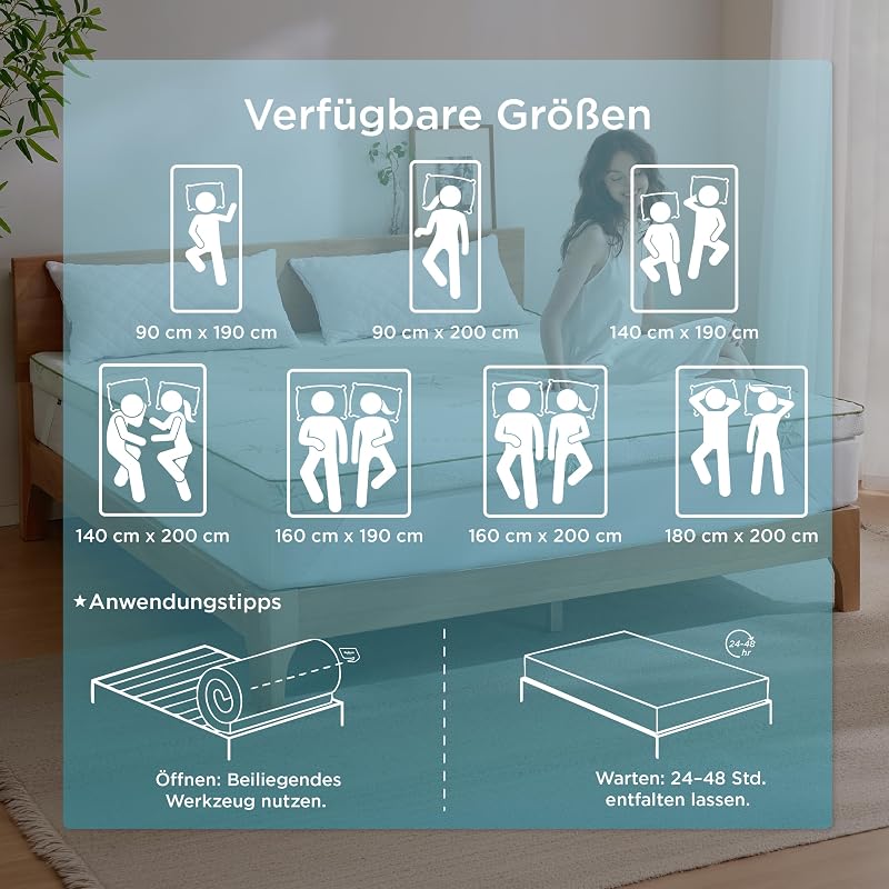 Matratzen Topper 90x200cm H2/H3 - Atmungsaktiver Bambusbezug 7 cm
