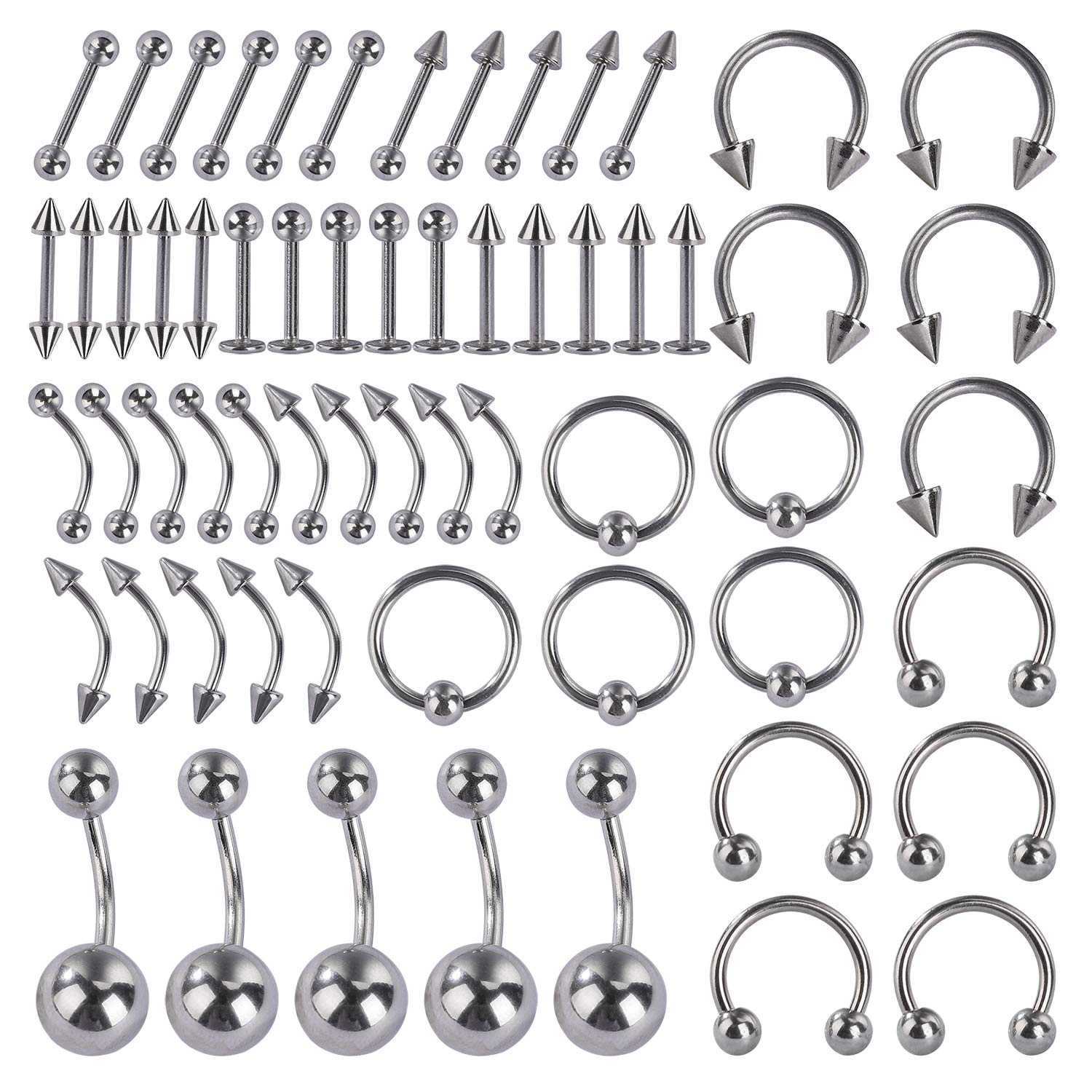Nose Ring Horseback Lip Tongue Eyebrow Ear Barbells Body Piercing Kit Surgical Steel 60 Pieces 12 Styles, Stainless Steel, Stainless Steel