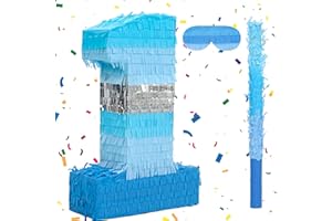 Birchio Number 1 Pinata Bundle with a Blindfold and Bat(16.2 x 10.7 x 4 Inches), Perfect for Boys and Girls Birthday Party Supplies, Blue Theme Birthday Decoration
