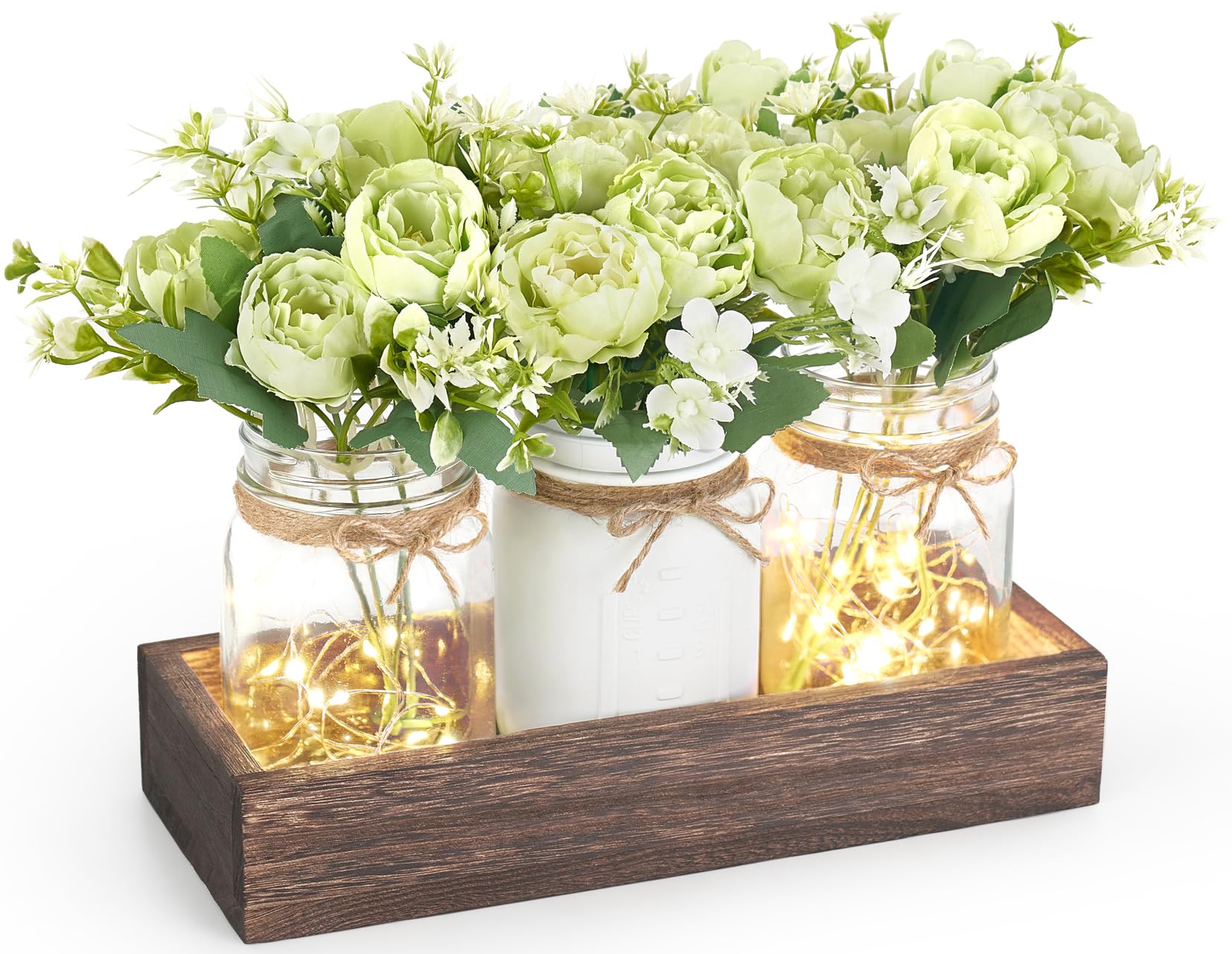 Mkono Mason Jar Lights Centerpiece Table Decorations for Dining Room Farmhouse Coffee Table Decor, Wood Tray with 3 Jars Flowers for St. Patrick's Day, Easter, Spring Home Decor