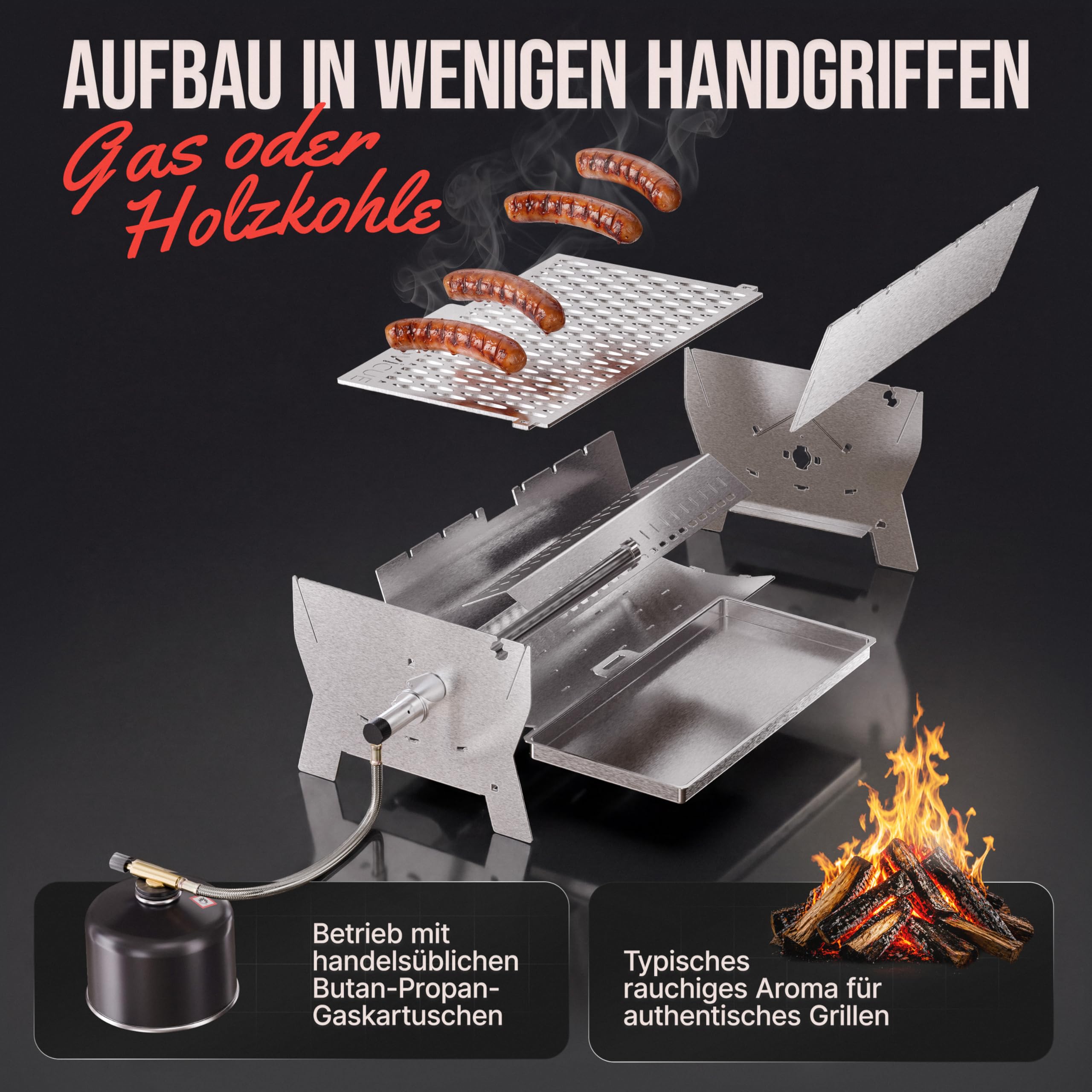 ovicue Grill | Mobiler Steck-Gasgrill – Tragbarer Edelstahlgrill mit Stecksystem – Gas- & Holzkohlebetrieb – Inkl. Tragetasche – Perfekt für Camping, Balkon, Garten & Outdoor - Camping Grill 6