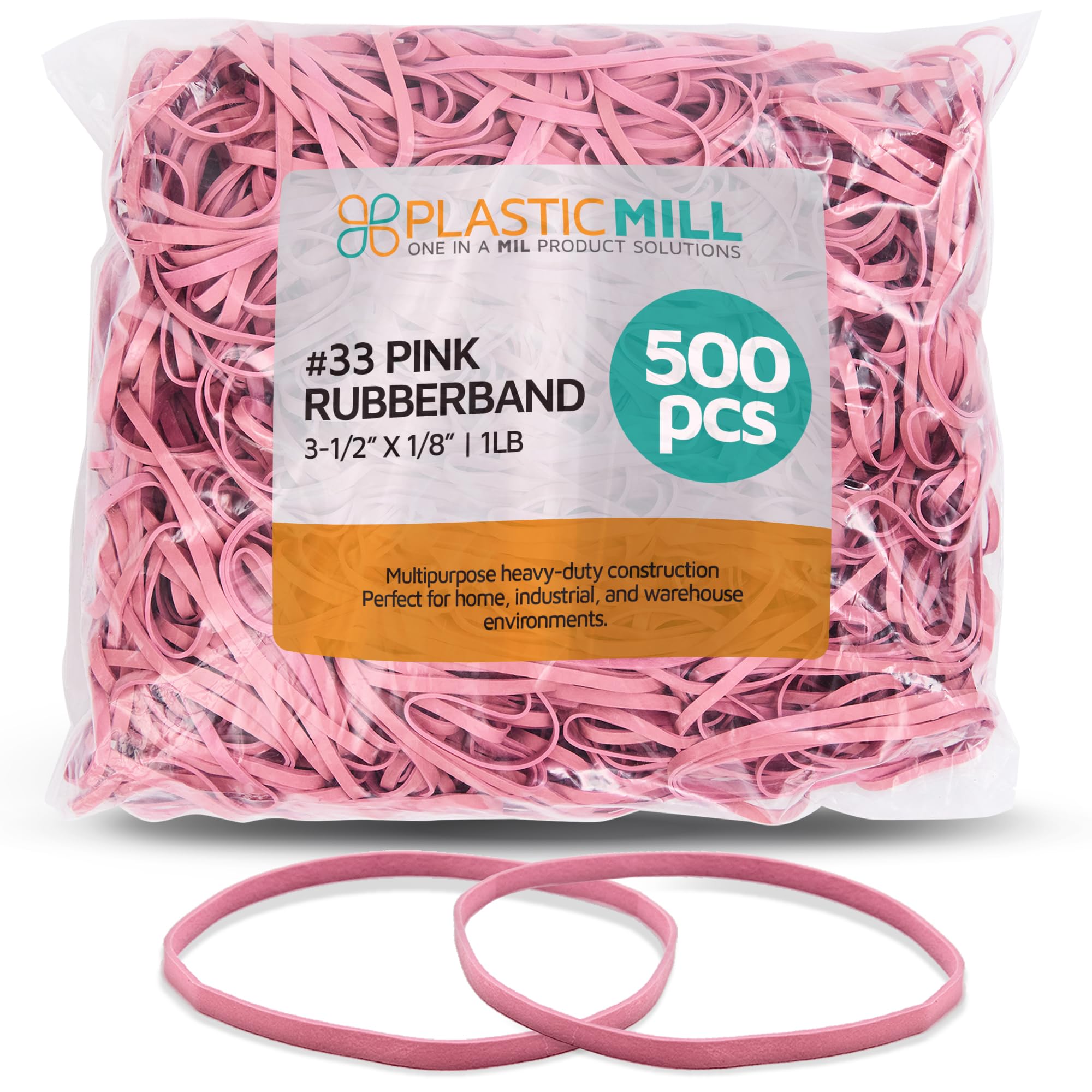 PlasticMill Rubber Bands - #33 Size - Rubberbands - 1Lb/500 Count 1 Pound / 500 Count Pink