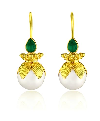 Jewels .925 Sterling Silver Gold Plated Petal Pearl Hanging Earrings For Women And Girl