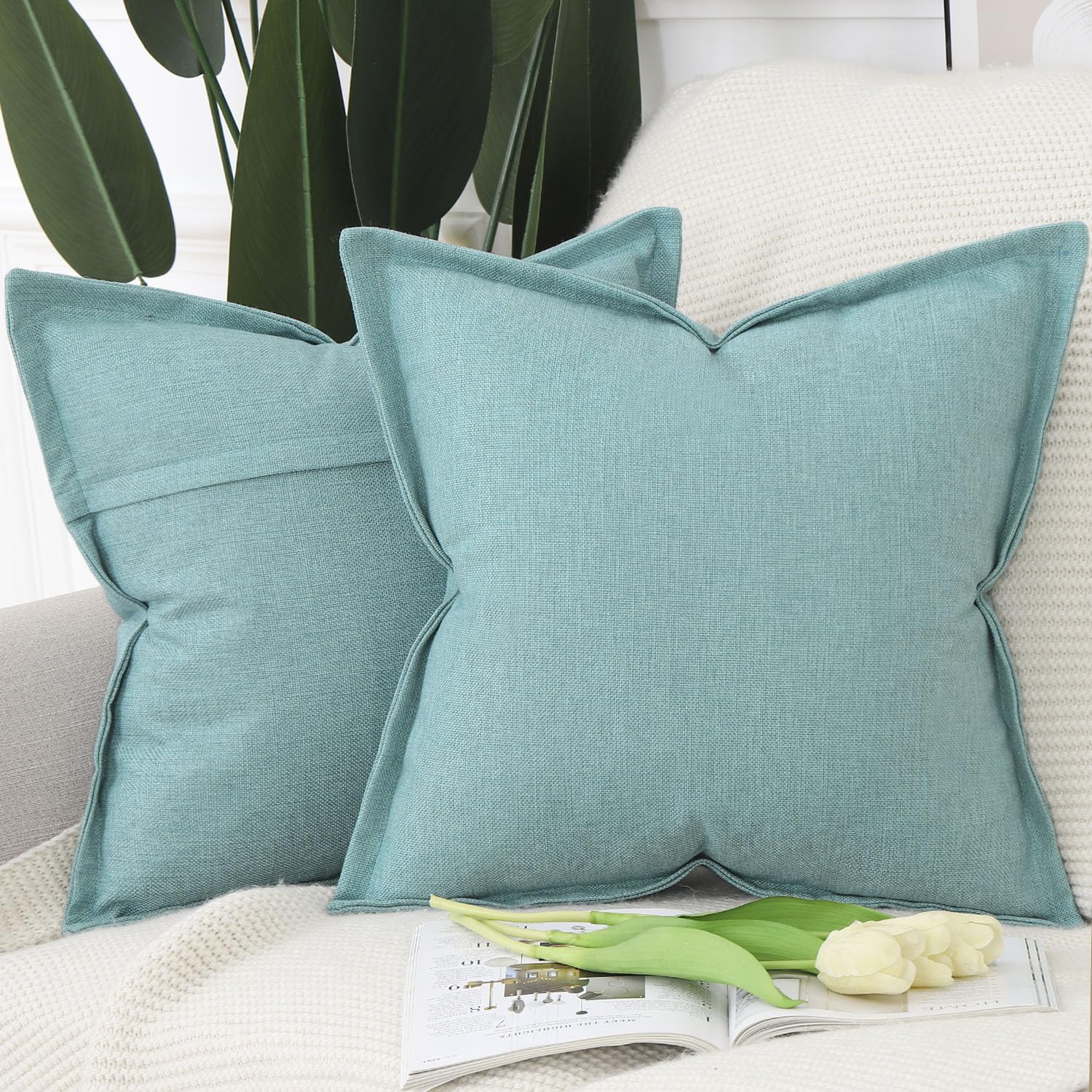 Madizz Set of 2 Faux Linen Cushion Covers with Broad Edge Soft Boho Decorative Pillow Cases for Sofa Bedroom Modern Pillow Shell 18x18 inch, 45x45 cm Turquoise