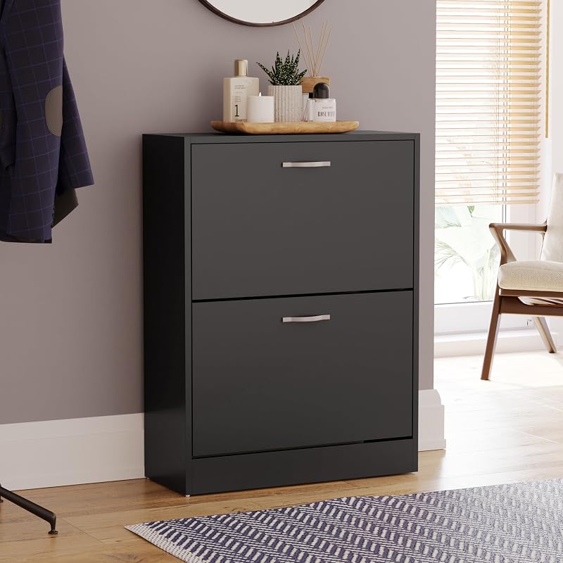 Vida Designs Wooden Shoe Cabinet 2 Drawers Dust-Proof Slim Hallway Black