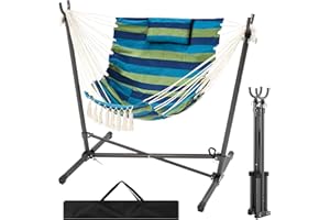 ANTIFIR Hammock Chair with Stand Included Hanging Chair Macrame Boho Handmade Adjustable Swing with Headrest and Side Pocket Indoor Outdoor Patio Yard Garden Porch 450lbs Capacity (Blue-Green)