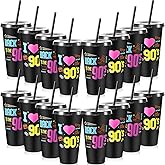 Uiifan 16 Pcs Back to the 90's Party 1990's Birthday Reusable Cups with Lids and Straws 24 oz Plastic Rock and Roll Tumblers Bulk Funny 90s Party Supplies