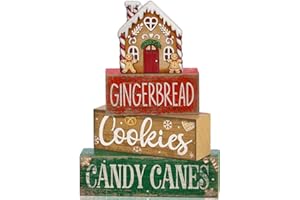 Lineshading 4 Pcs Christmas Table Decoration Wooden Gingerbread House Tiered Tray Decor Wood Rustic Gingerbread Block Signs Christmas Centerpiece Farmhouse for Home Tabletop Kitchen Shelf Party Gift