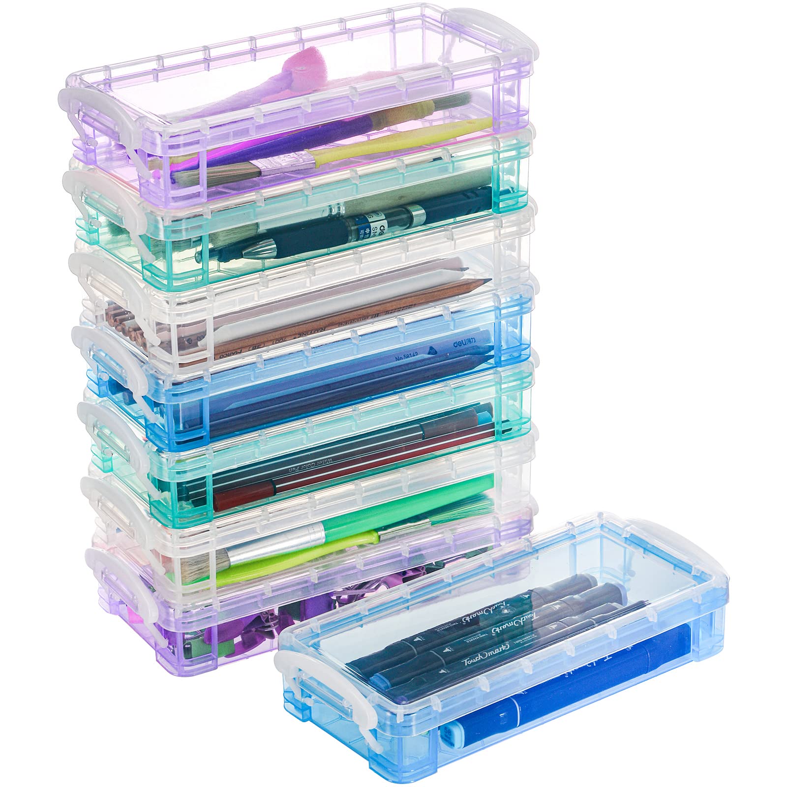 Photo 1 of Nicunom 8 Pack Plastic Pencil Boxs, Large Capacity Pencil Case Boxes, Kids Pencil Case, Crayon Box with Snap-tight Lid, Art Craft Supply Organizer Office Supply Storage Box for School Classroom
