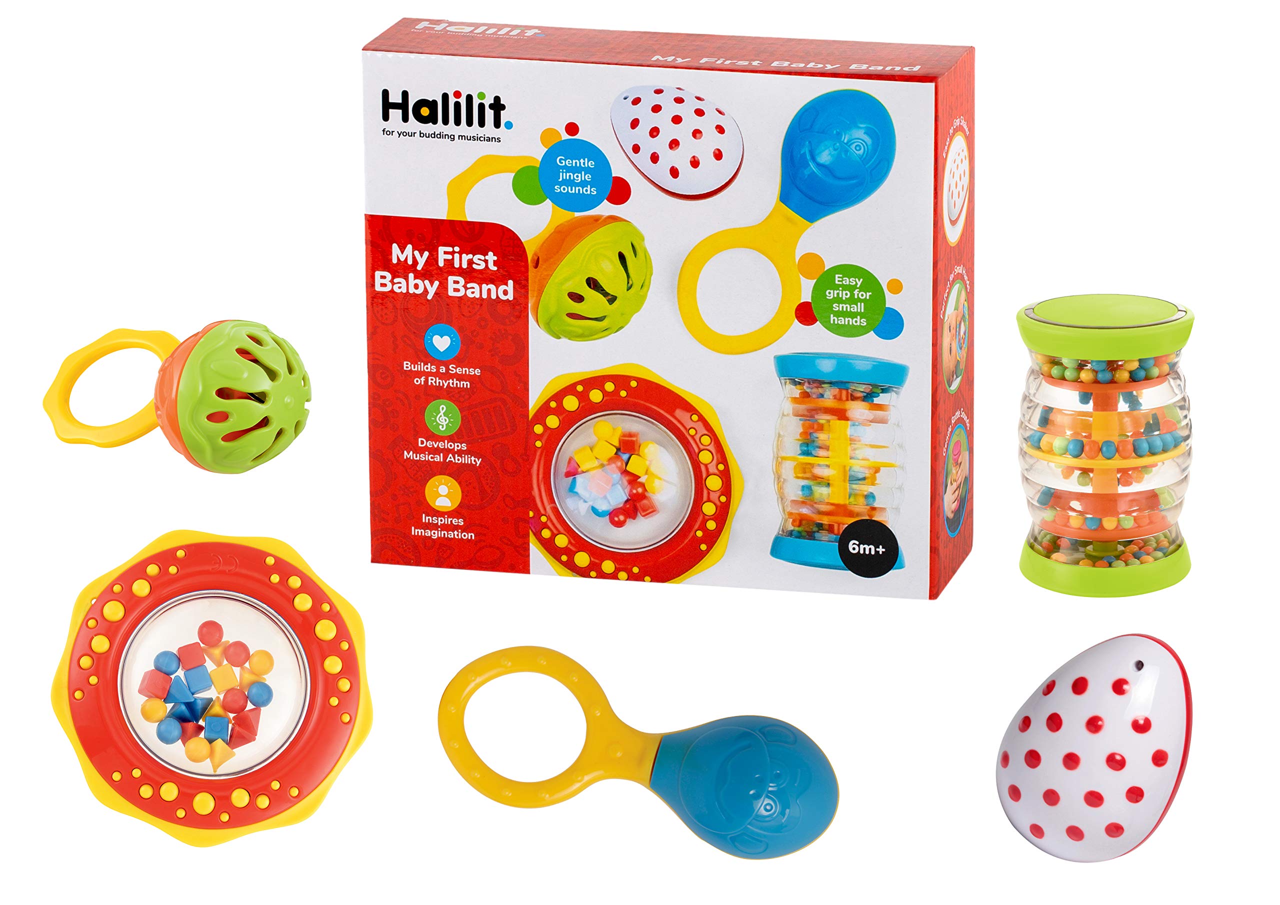 Halilit My First Baby Band Gift Set. Musical Instrument for Babies includes Egg Shaker, Cage Bell, Baby Maraca, Tube Shaker and Fun Rattle. 6 Months +