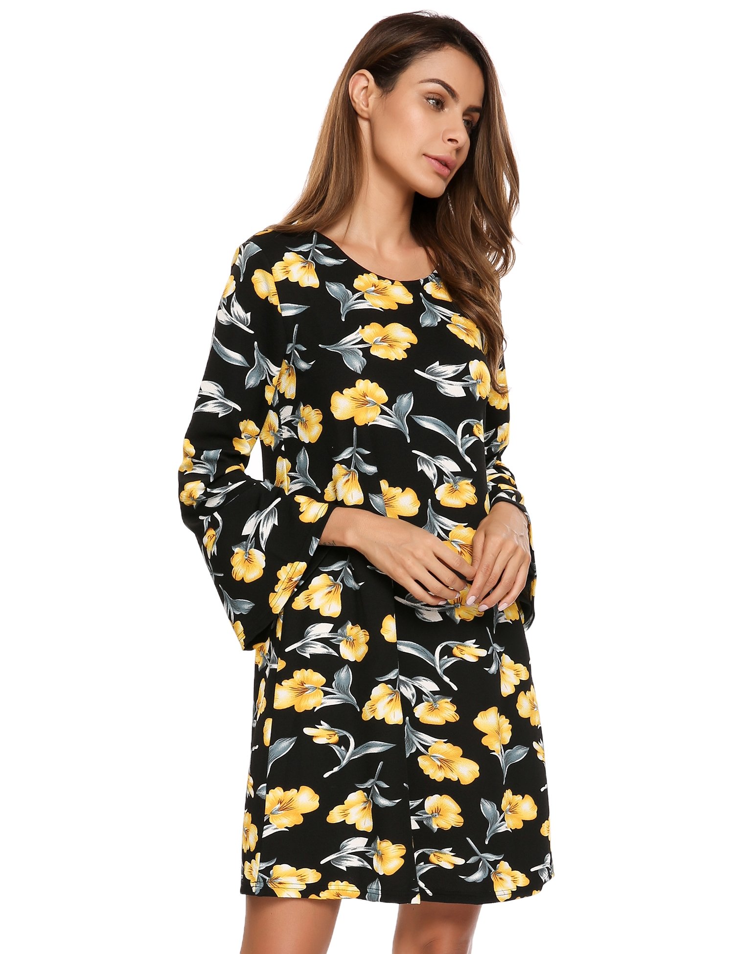 Beyove Women\'s Casual Printed O Neck Long Sleeve Dresses