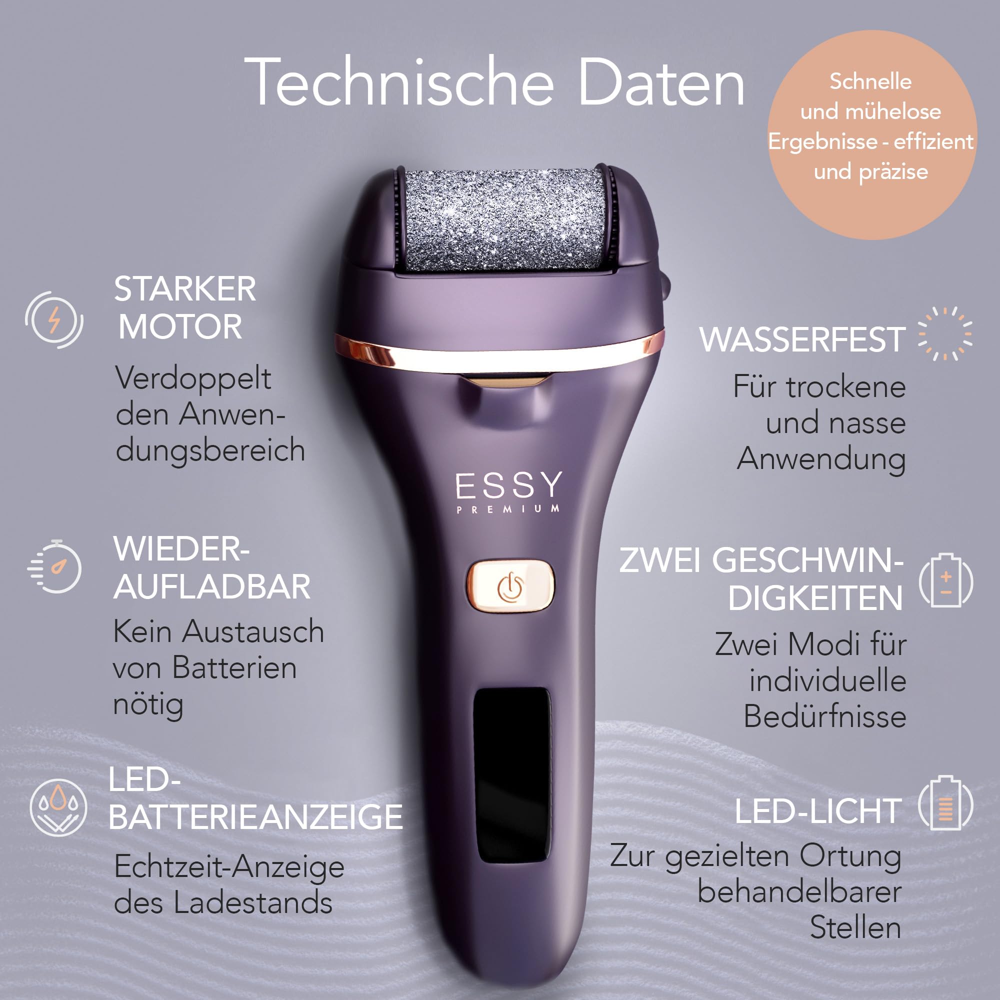 Elektrische Fußfeile Wiederaufladbar mit 5 Austauschwalzen (Violett)
