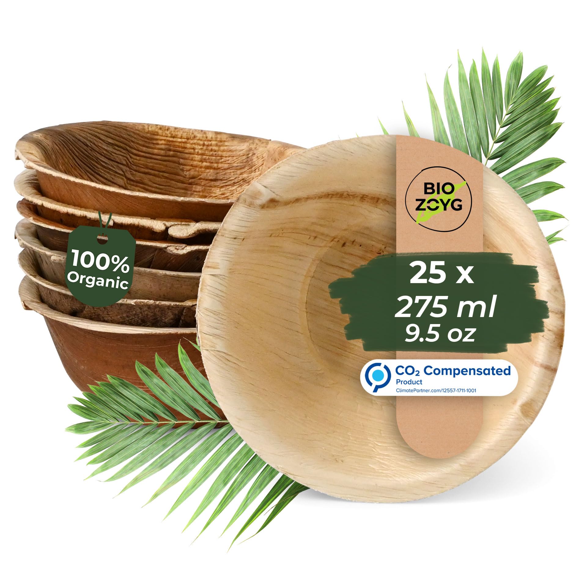 BIOZOYG 25x Palm Leaf Bowl 275 ml Round - Disposable Soup Plate, Compostable Salad Bowl Palm Leaf Bowl - Disposable Bowl Sustainable Partyware