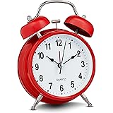 Bernhard Products Analog Alarm Clock 4" Twin Bell Vintage Red Silent Non-Ticking Quartz Battery Operated Extra Loud with Back