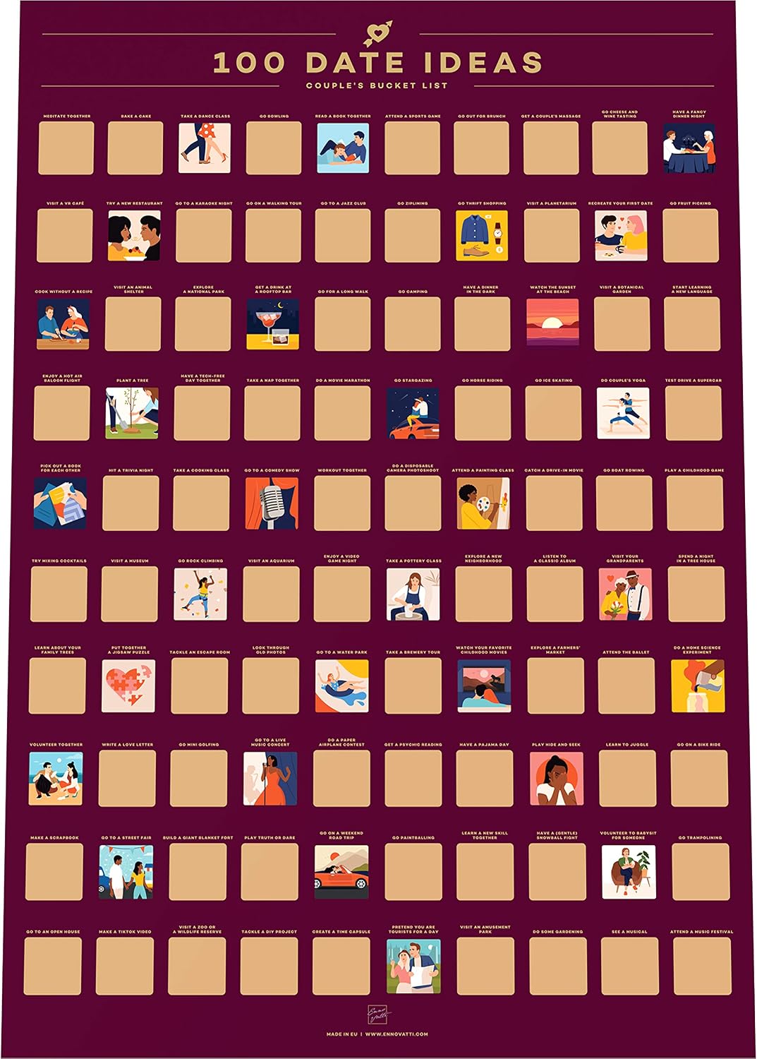 Enno Vatti 100 Dates Scratch Off Poster -Couples Romantic Date Ideas & Cute Things to Do Together