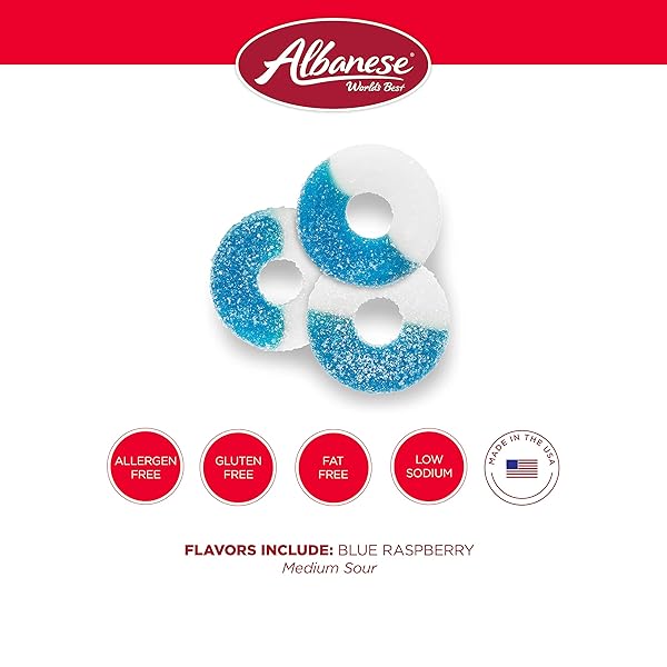 ALBANESE CANDY, GUMMI BLUE RASPBERRY RINGS, 4.5-POUND BAG