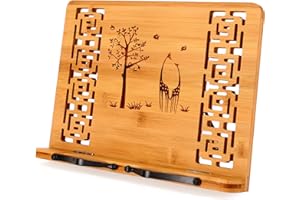 MEGREZ Book Stand for Reading (13.2 x 9.4 inch) Bamboo Cookbook Stand Holder for Kitchen, Adjustable Book Holder Stand for Tablet/Textbook Holder/Hollow Bookrest Stand, Giraffe and Tree
