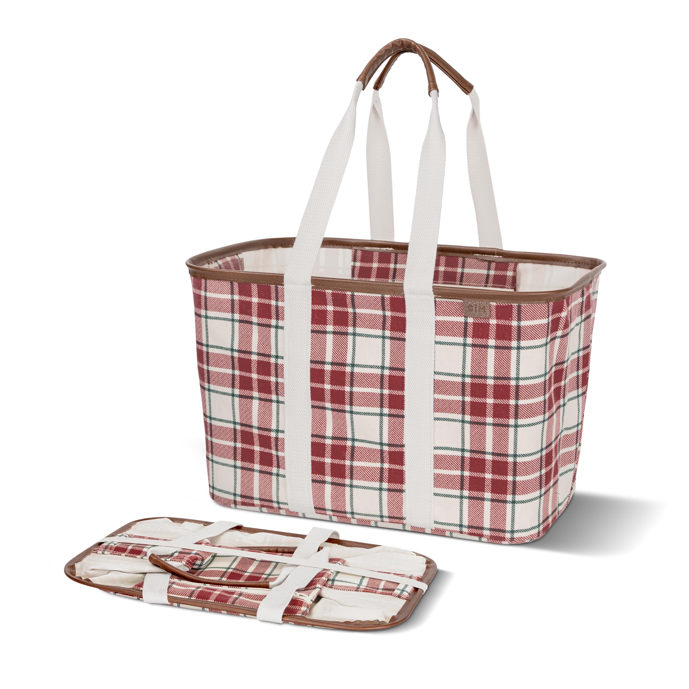 CleverMade Collapsible LUXE Tote 20L / 5 Gal, Pack of 1 Red & White Tartan Plaid Reusable Bag for Utility Grocery Shopping, Storage Organizer & Seasonal Presents, Soft-Carry Handles & Reinforced Base Image