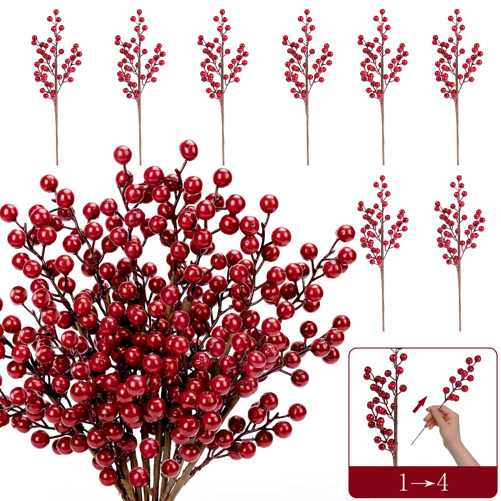 MACTING Christmas Red Holly Berry Stem Ornaments, 8 Pcs Large Branches/32 Pcs Twig Artificial Berry Stem, 17Inch Removable Berries Stems, Home Decorative for Christmas Tree Wreath…