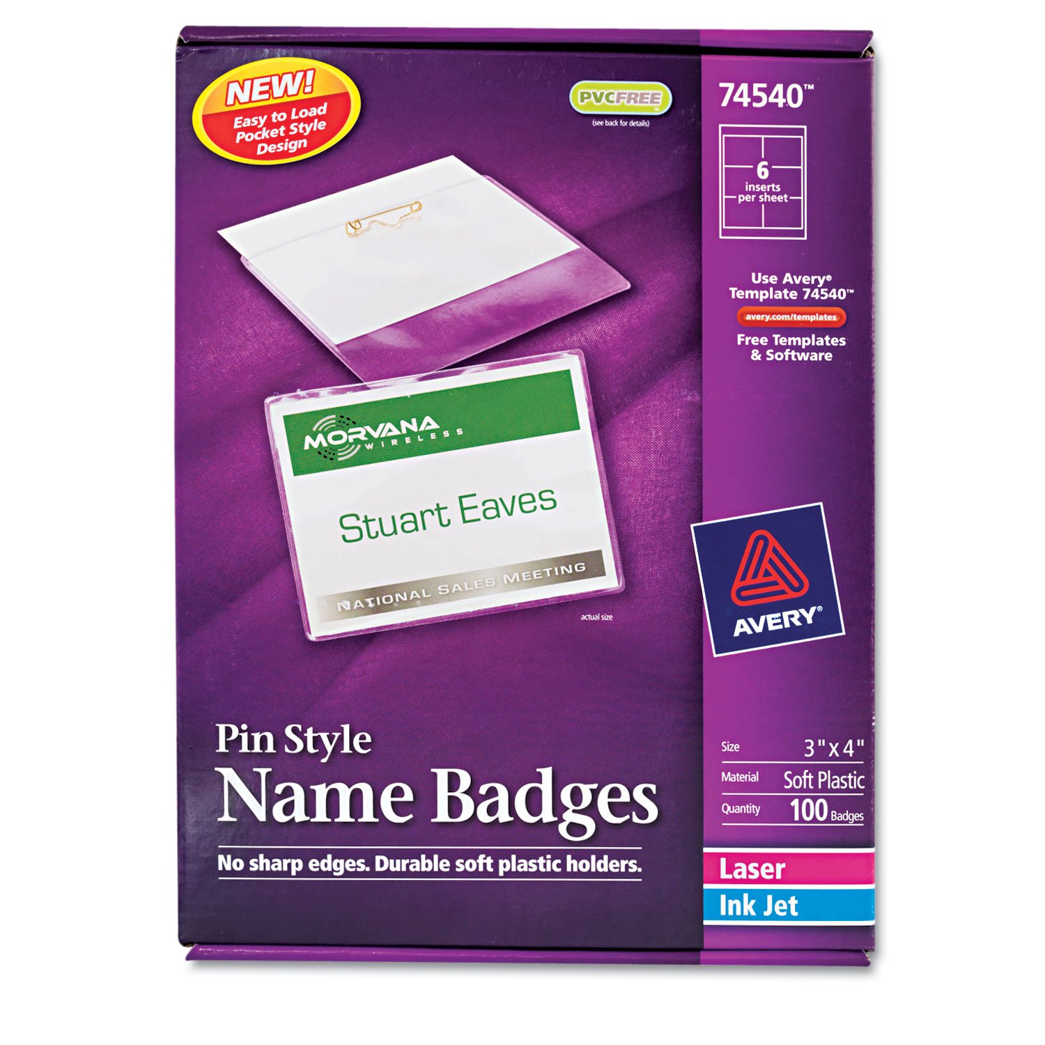 Avery AVE74540 Pin-Style Badge Holder with Insert for Laser/Inkjet Printers | Secure & Professional