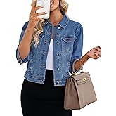 Vetinee Womens Jean Jacket Cropped Denim Jackets Stretchy 3/4 Puff Sleeve Distressed Shacket with Pockets