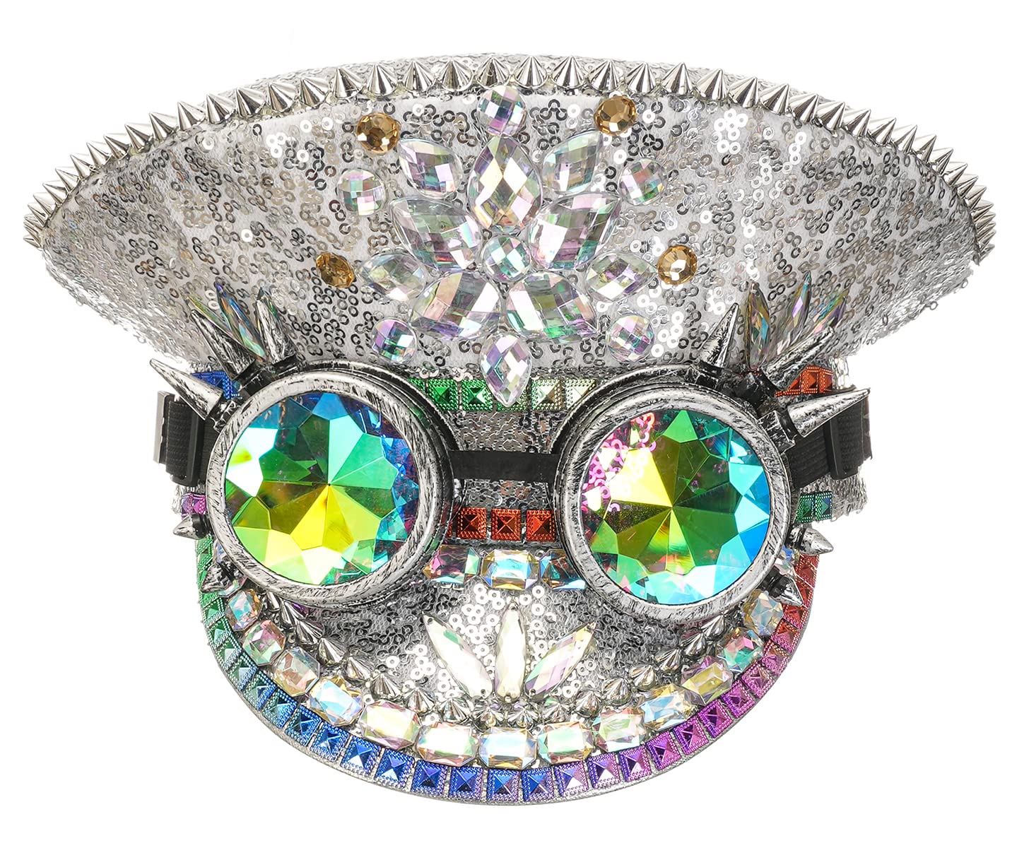 Bslingerie Halloween Steampunk Cosplay Sequin Hat Rave Party Festival Captain Headwear with Goggles (Silver - Crystal)