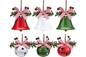 WILLBOND 6 Pieces Christmas Bell Ornaments 2025 Xmas Tree Hanging Decorations Large Size Bells with Star Cutouts Anniversary Bells with Holly Berry for Crafts Holiday Party Favors(Red, White)