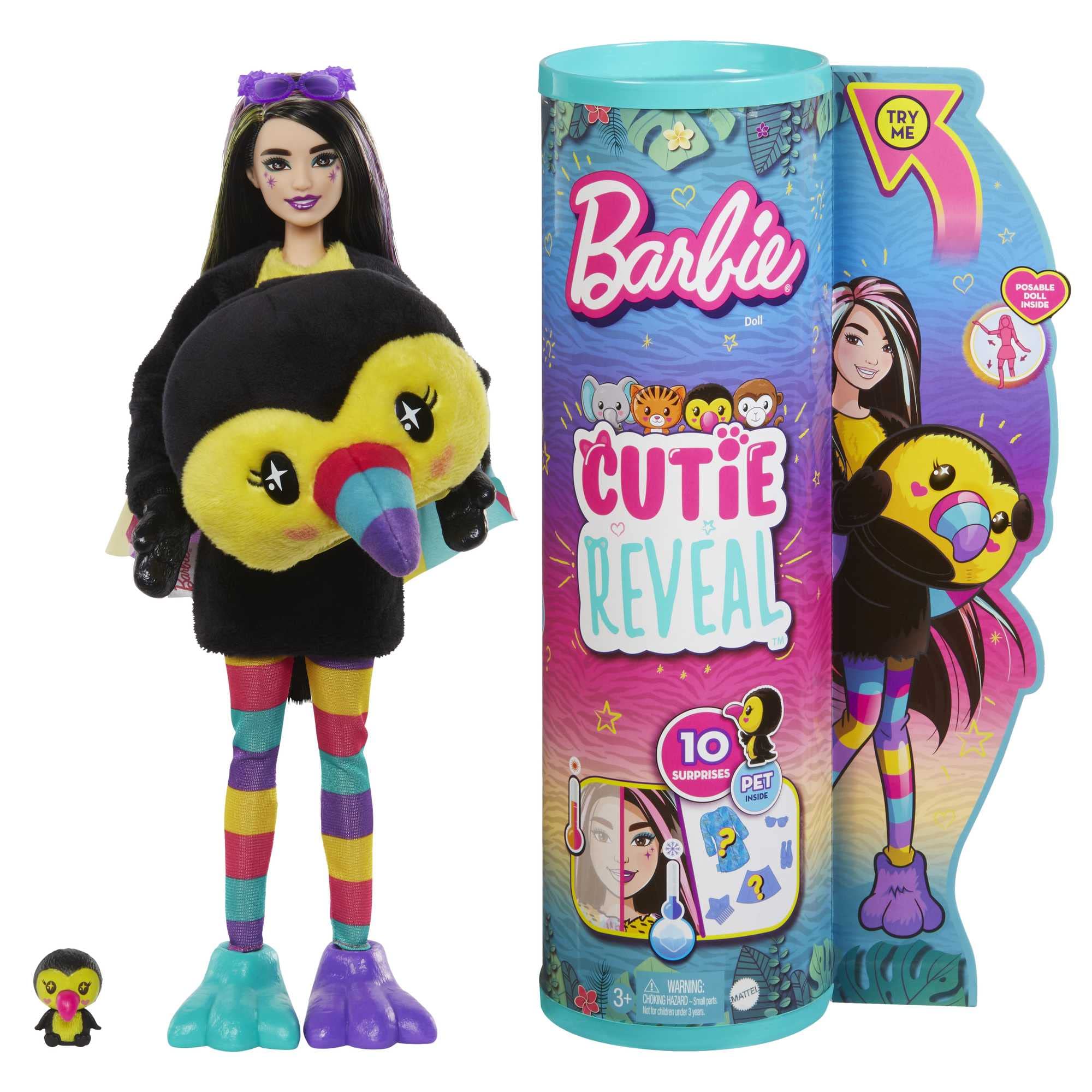 ​Barbie Dolls and Accessories, Cutie Reveal Doll with Toucan Plush Costume & 10 Surprises Including Color Change, Jungle Series