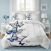 WeCozy Queen Size Comforter Set with 2 Pillowcases, Summer Spring Blue Butterfly 3 Pcs Bedding for Kids and Adults, Abstract Circular Mandala Floral Soft Comforter Set for Bedroom Bed Decor