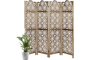 ECOMEX Carved Room Dividers,4 Panel Room Divider with Hand Carved Vintage Style Room Dividers and Folding Privacy Screens,Retro Flower Pattern, Brown