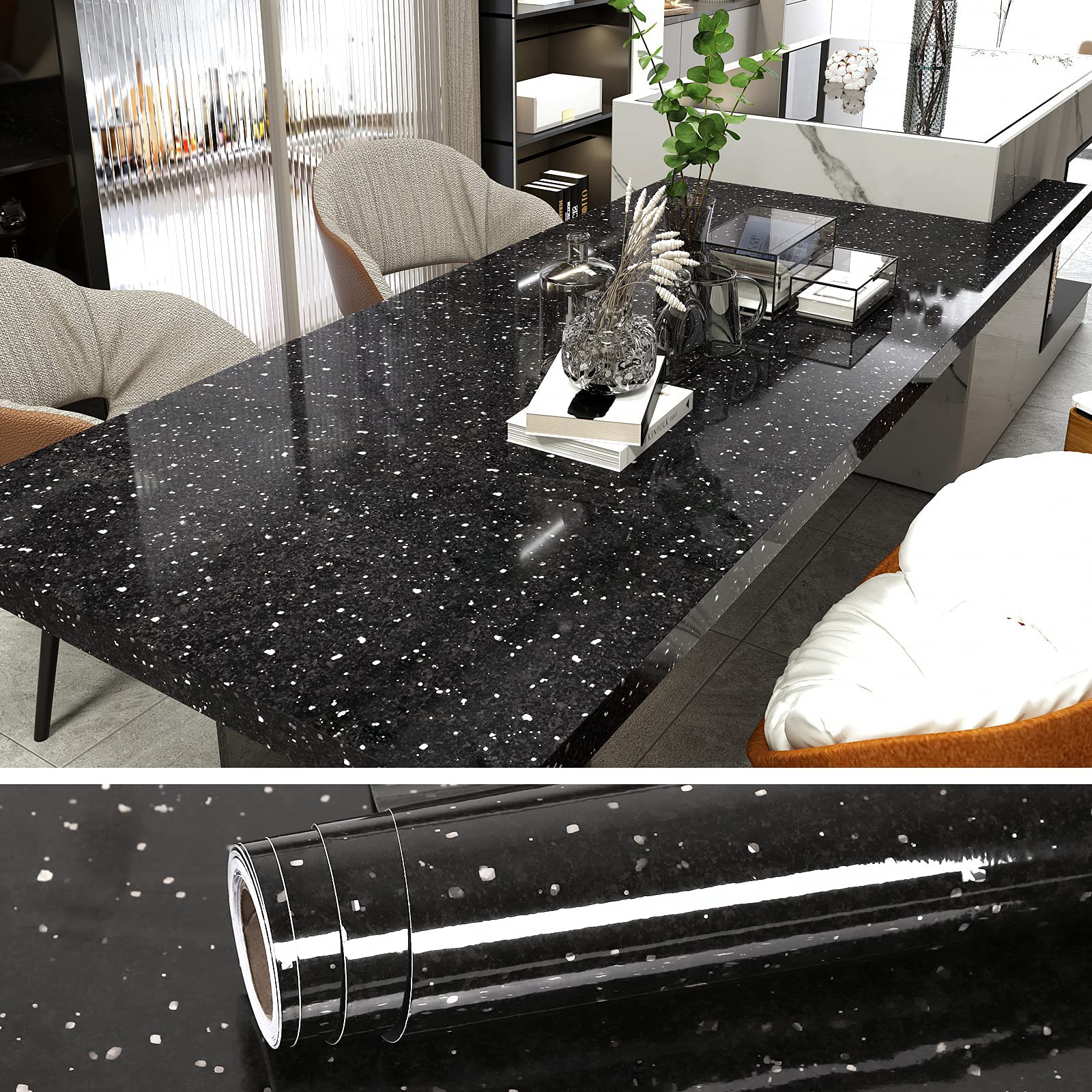 VEELIKE Black Marble Granite Wallpaper 60cm×900cm Peel and Stick Contact Paper for Kitchen Countertops Washable Worktop Vinyl Covering Bathroom Sticky Back Plastic Furniture Lining Paper Livingroom