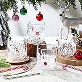 Sunnychicc 4 Pcs Christmas Icon Glass Cups 12 oz Candy Cane Drinking Glassware Wine Stemless Double Old Fashioned Blown Cocktail Cups for Women Friends Lovely Christmas Gifts