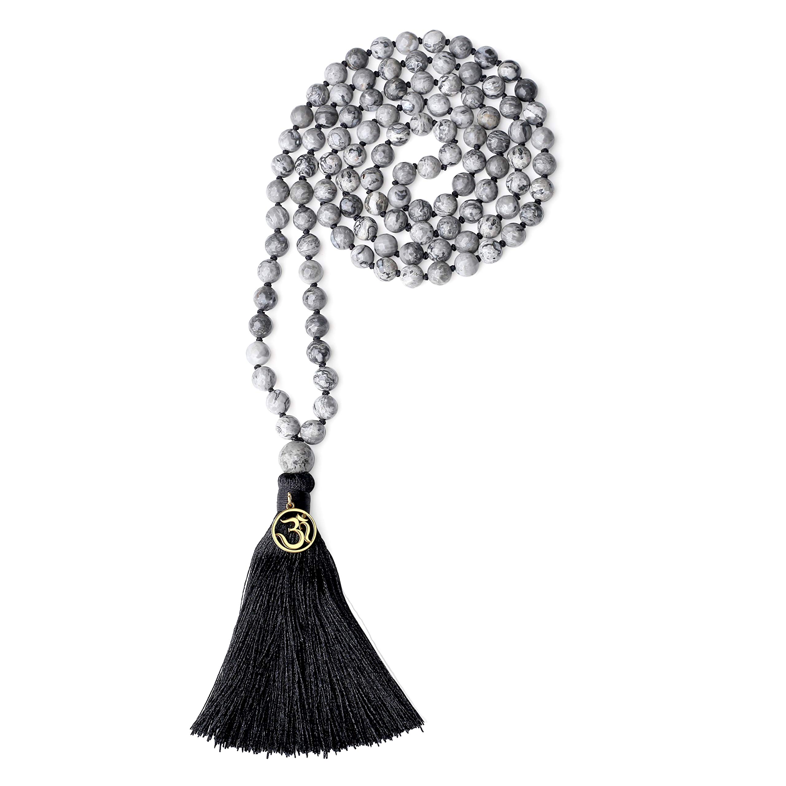 COAI OM Charm Hand Knotted Tassel Map Jasper Stone 108 Mala Necklace for Men Women 8mm