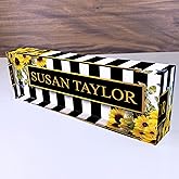 Artblox Office Desk Name Plate Personalized | Custom Name Plates on Acrylic Glass Decor | Office Desk Decor - Sunflowers Design - (8"x2.5")
