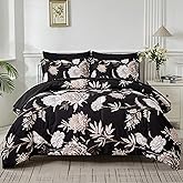 Yogeneg 7 Piece Bed in a Bag Queen Comforter Set Botanical Floral Bedding Set,Flower Leaves Brids Printed on Black Reversible Design,Soft Microfiber Comforter with Sheet Set,All Season(Black B,Queen)