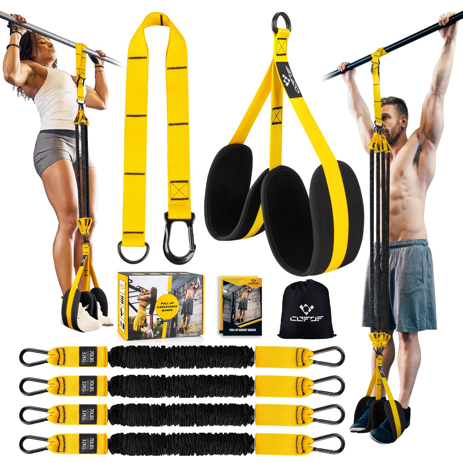 Photo 1 of Pull Up Assistance Bands, Heavy-Duty Pull Up Resistance Bands of Adjustable Resistance & Height with Dual Stable Foot Support Pedals, Support to Assist Beginners in Pull Up Workout(70-280LBS) -Yellow