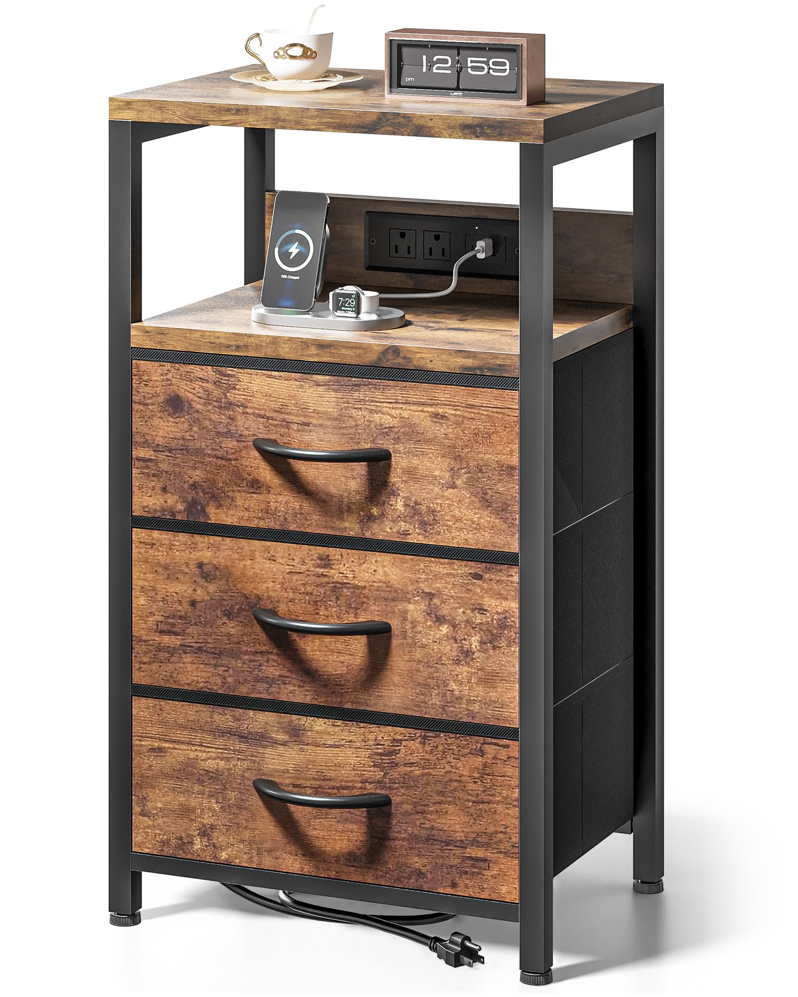 Lazzanto NightStand Bedside Charging Table Bedroom - Night Stand with Charger Station, Modern Nightstand with Open Shelf & 3 Fabric Drawers, Bed Side Table USB-C Port for Dorm Living Room