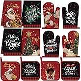 SiliFine 12 Pcs Christmas Kitchen Towels Pot Holders and Oven Mitts Set 4 African American Dish Towels 4 Buffalo Plaid Oven Mitts 4 Black Santa Claus Angel Potholders for Xmas Dish Baking Decorative