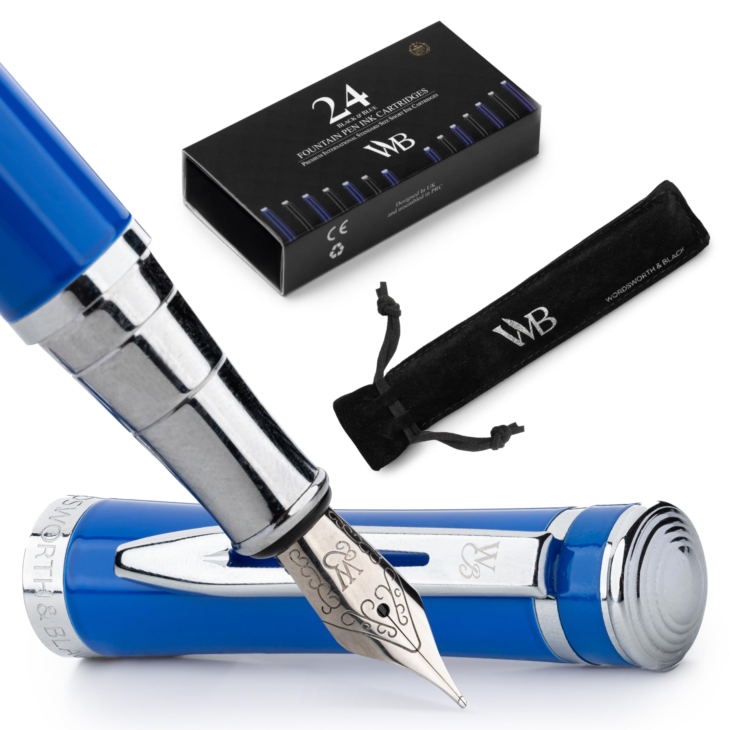 Wordsworth & Black Fountain Pen Set, Medium Nib, Includes 24 Pack Ink Cartridges, Ink Refill Converter & Gift Pouch, Chrome Finish, Calligraphy, [Imperial Blue], Perfect for Men & Women — image 1