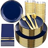NOCCUR 350PCS Navy Blue Plastic Plates - Blue Disposable Dinnerware Set for 50 Guests, 100 Dinner/Dessert Plates, 150 Gold Silverware, 50 Cups&50 Napkins for Party/Wedding/Hanukkah
