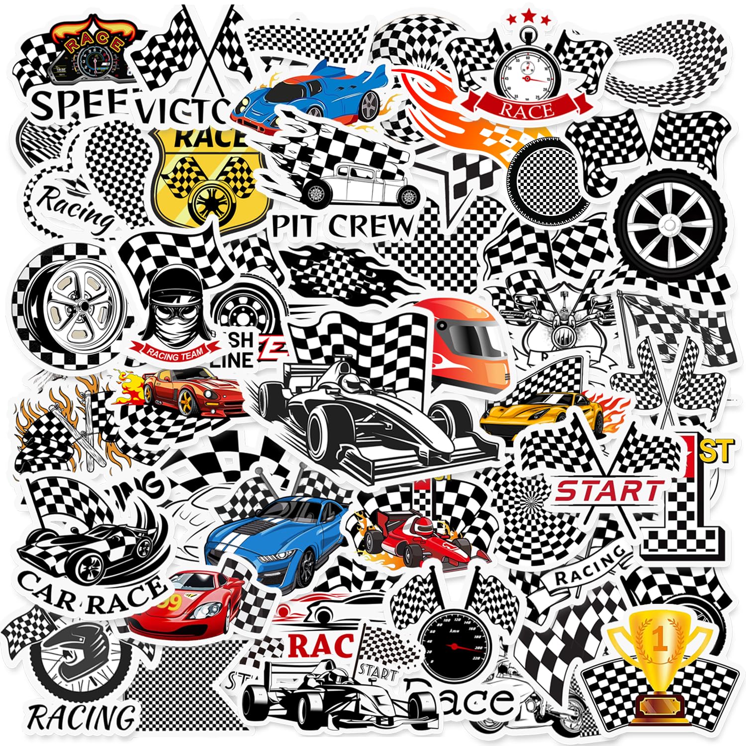 Photo 1 of 50PCS Race Car Checkered Flags Stickers Checkered Flags Party Favors Birthday Party Decorations Vinyl Waterproof Stickers for Water Bottle Laptop Luggage Helmet