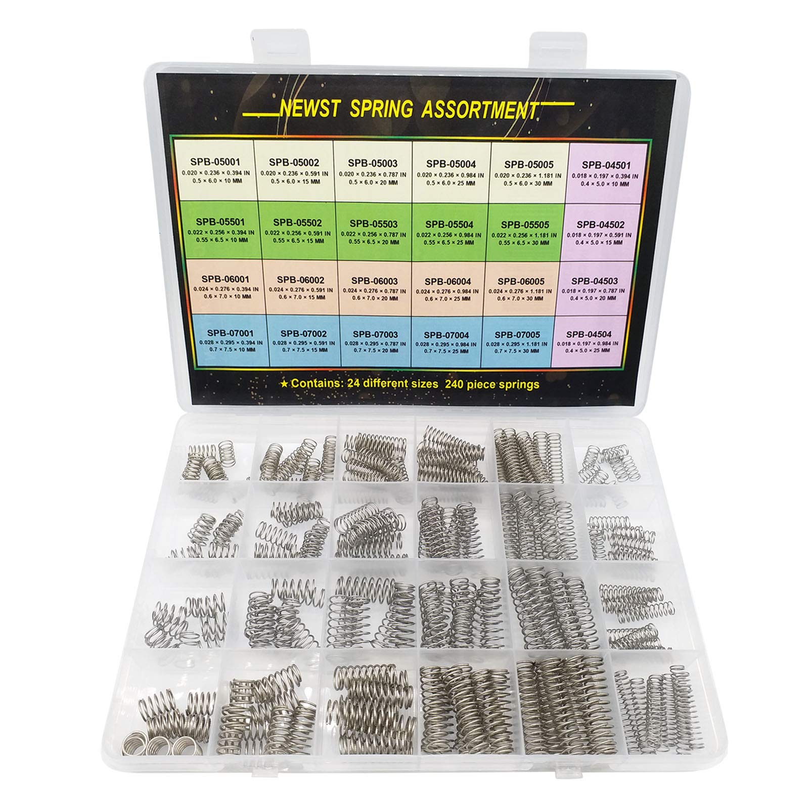 Compression Springs NEWST Spring Assortment Kit | 24 Different Sizes 240 Piece Stainless Steel Spring Assortment with Case | 10~30mm(0.39" to 1.18" ) Length,5~7.5mm(0.2" to 0.3" ) OD