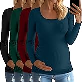 Huukeay 4 Pack Women's Cotton Maternity Tops Long Sleeve Ribbed Side Ruched Scoop Neck Shirts Casual Mama Pregnancy Clothes