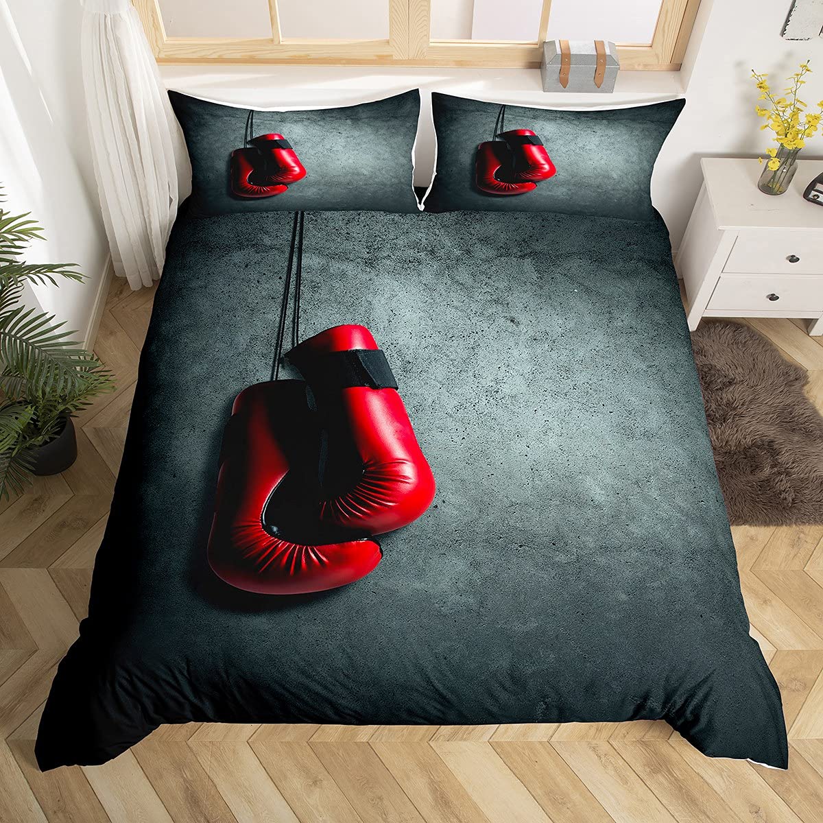 Boxing Bedding Set Sports Theme Duvet Cover for Kids Boys Girls Men Red Boxing Gloves Pattern Comforter Cover Pugilism Games Design Bedspread Cover with 1Pillowcases 2Pcs Bedding Single