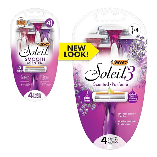 BIC SOLEIL SMOOTH SCENTED WOMEN’S DISPOSABLE WITH 3 BLADE RAZORS, LAVENDER SCENTED HANDLES AND LUBRICATING STRIP, 4-PACK
